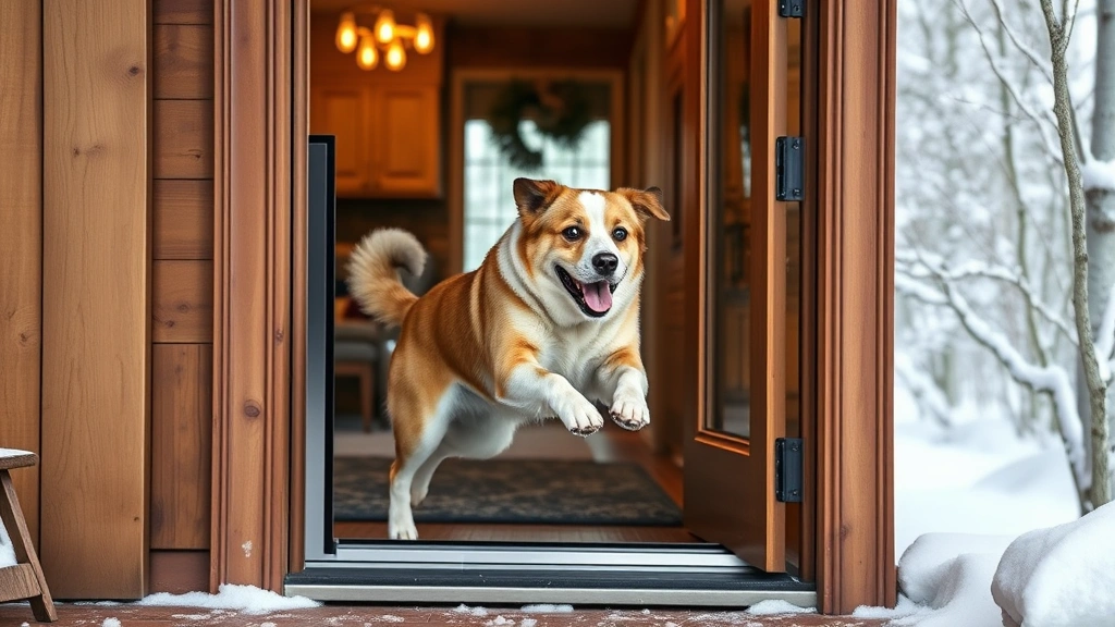 door with dog door -
Photorealistic insulated heavy-duty pet door in wooden back door frame, large d
