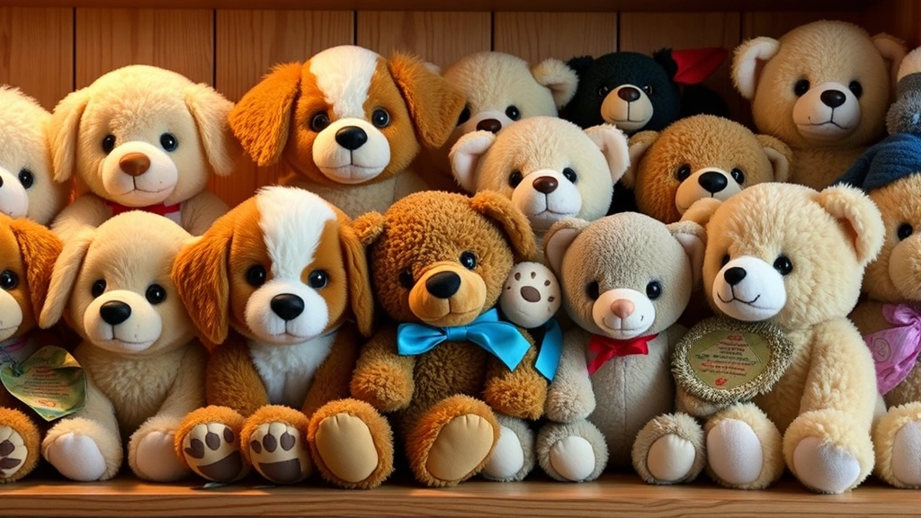 douglas dog -
Multiple Douglas plush animal toys arranged together including puppies, bears, 