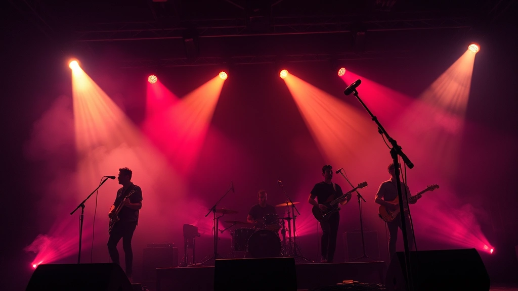 dr dog where'd all the time go -
Photorealistic photo of a band performing on stage with moody concert lighting,