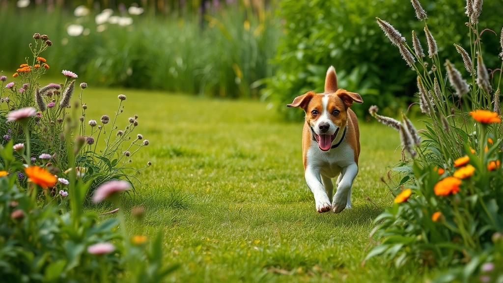 earth-friendly flea control -
Photorealistic photograph of a dog running through a lush green yard with wildf