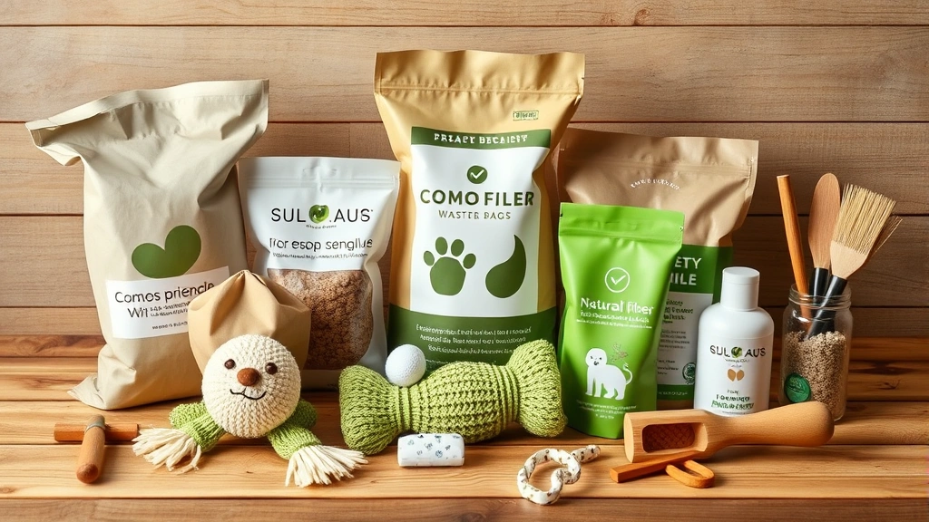 eco-conscious pet owners -
Photorealistic image of various eco-friendly pet products including compostable
