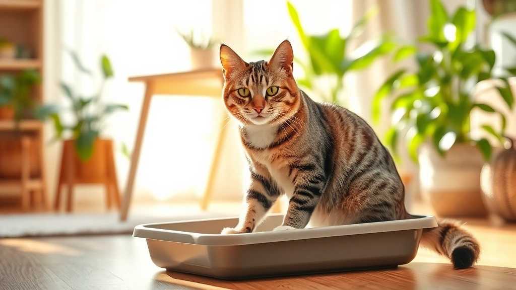 eco-conscious pet owners -
Photorealistic image of a content tabby cat using a biodegradable litter box in