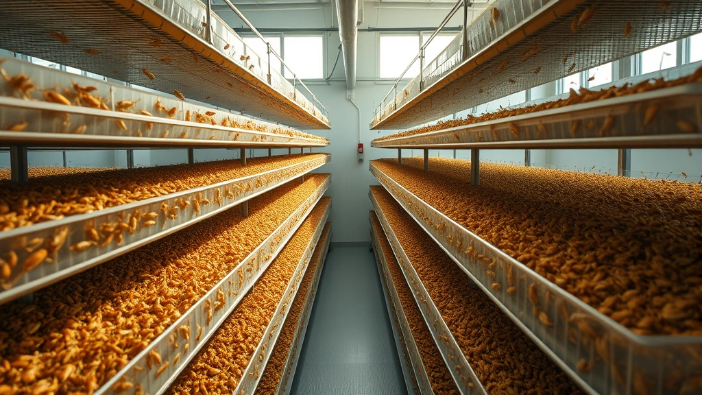 edible insect protein benefits -
Photorealistic overhead shot of cricket farming facility with vertical trays of