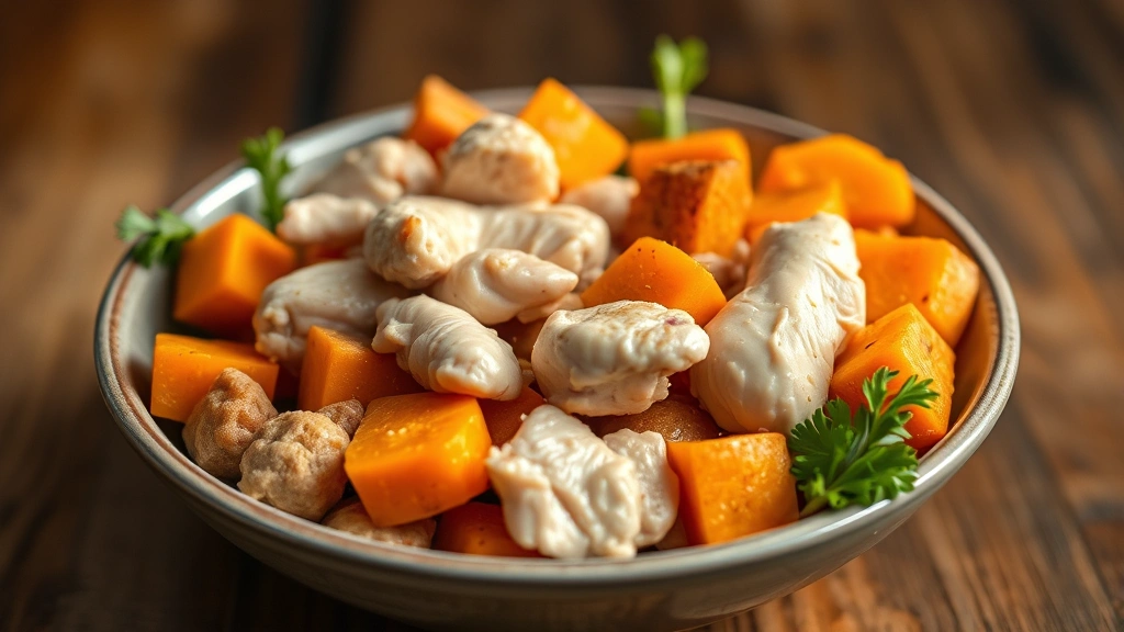 elevated liver enzymes in dogs -
Photorealistic style: Close-up of healthy dog food in a bowl with fresh chicken