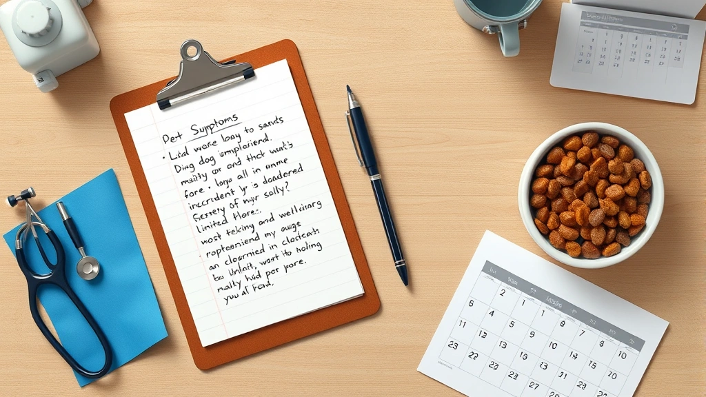 elimination diet feeding plan -
Photorealistic overhead shot of a veterinary clinic workspace with a clipboard