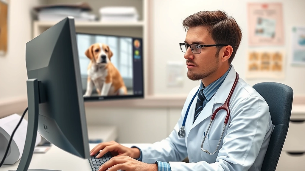 emergency food poisoning telehealth -
Photorealistic image of a veterinarian in a clinical setting looking at a compu