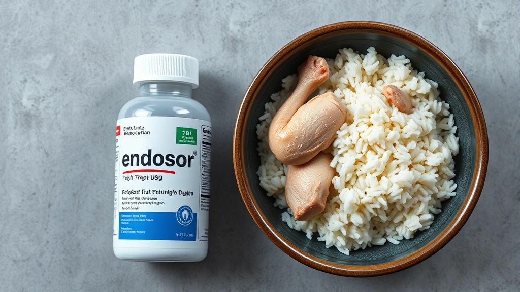 endosorb for dogs -
Photorealistic overhead view of endosorb medication bottle next to a bowl of pl