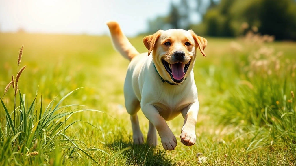 endosorb for dogs -
Photorealistic image of a happy, healthy labrador dog running through a grassy 