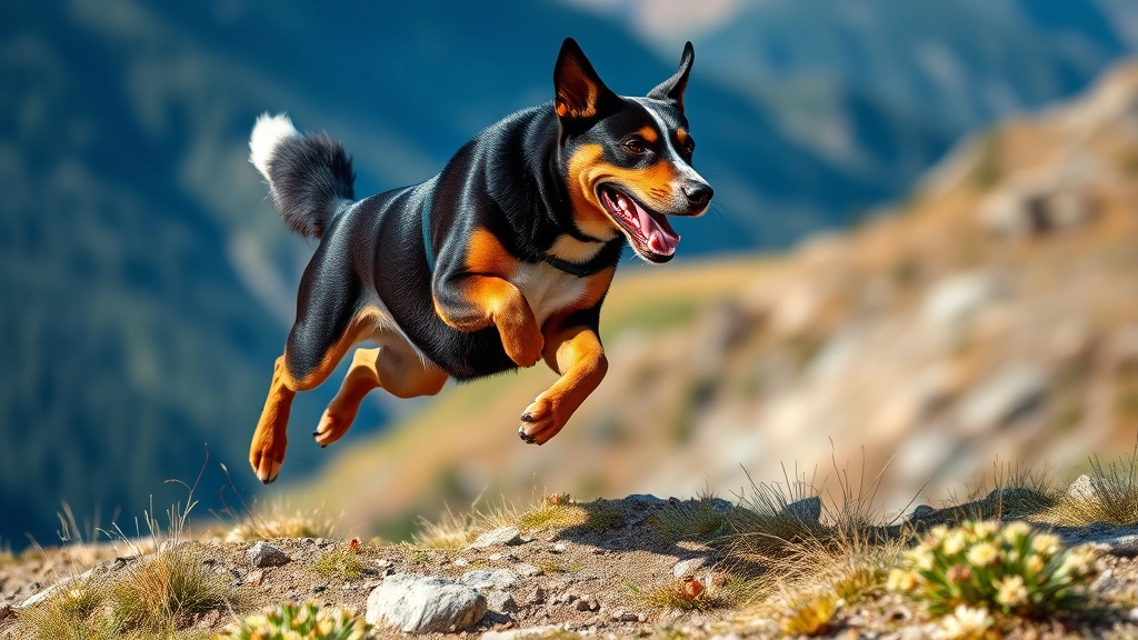 entlebucher mountain dog -
Photorealistic active Entlebucher Mountain Dog running and jumping through moun
