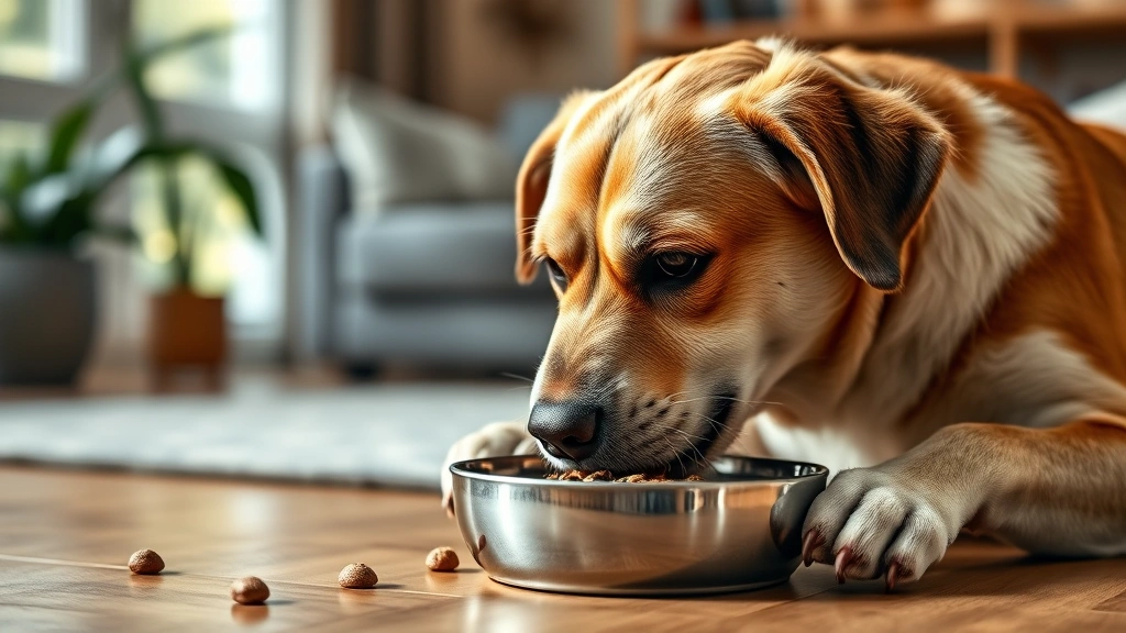 entyce for dogs -
Photorealistic image of a senior dog eating from a bowl with visible appetite a