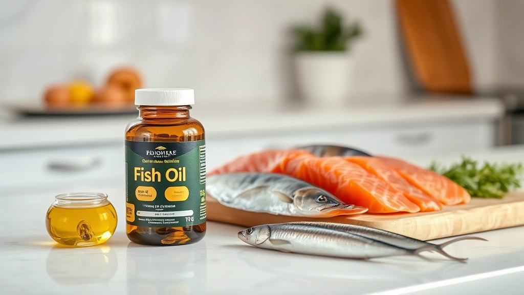 EPA for dogs -
Fish oil supplement bottle next to fresh salmon and sardines on a clean kitchen