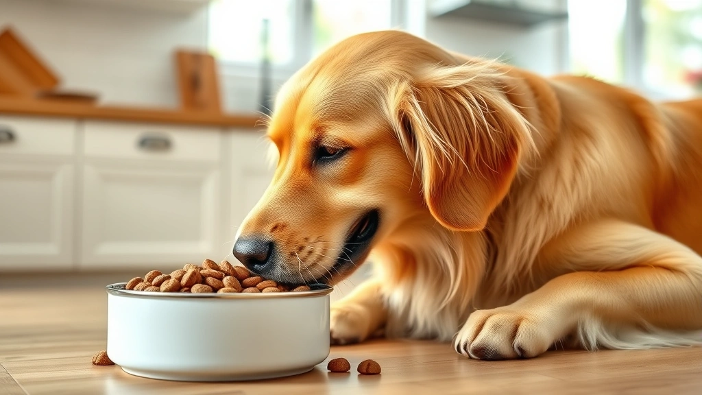 eukanuba dog food -
Photorealistic image of a healthy, happy golden retriever eating from a ceramic