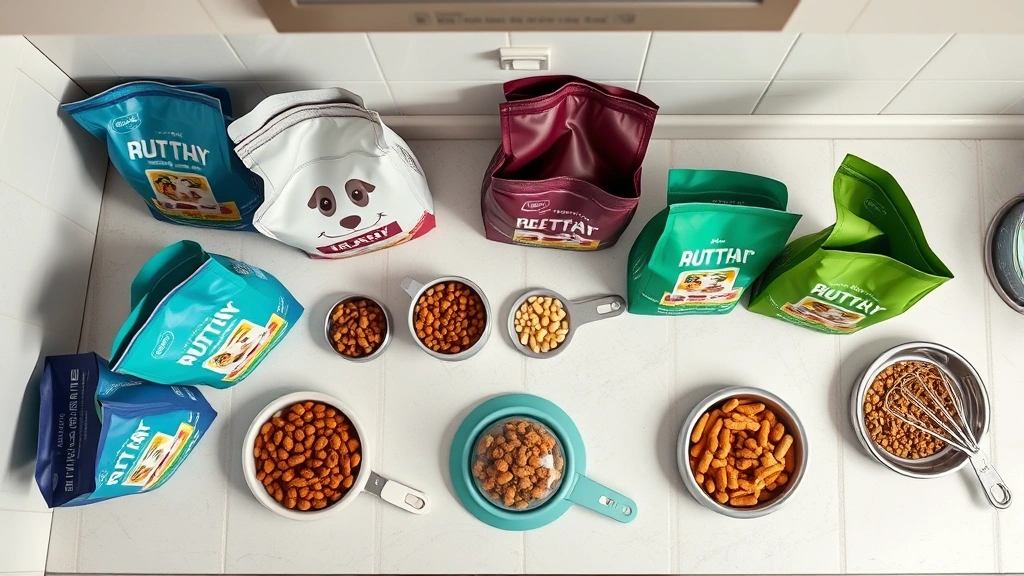 eukanuba dog food -
Photorealistic overhead shot of various dog food bags and bowls arranged on a c