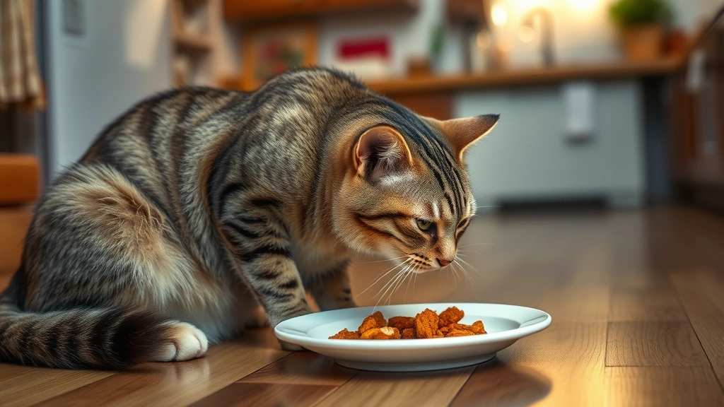 evening feeding schedule -
Photorealistic image of a senior cat eating from a plate on a kitchen floor wit