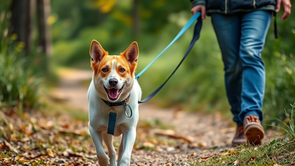 evie the deaf rescue dog -
Photorealistic image of a deaf dog confidently walking on a leash outdoors with