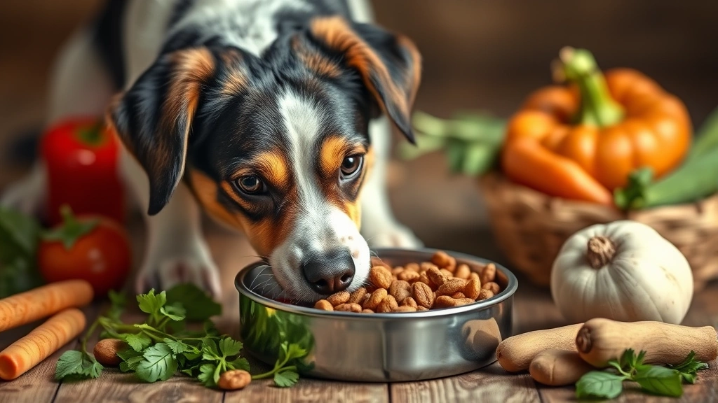 evie the deaf rescue dog -
Photorealistic image of a dog eating from a bowl filled with healthy, nutritiou