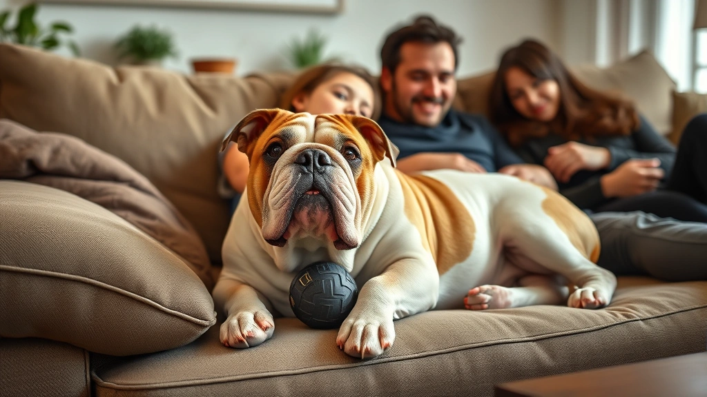 excellent family dogs -
Photorealistic image of a Bulldog lying on a couch next to a family, showing co