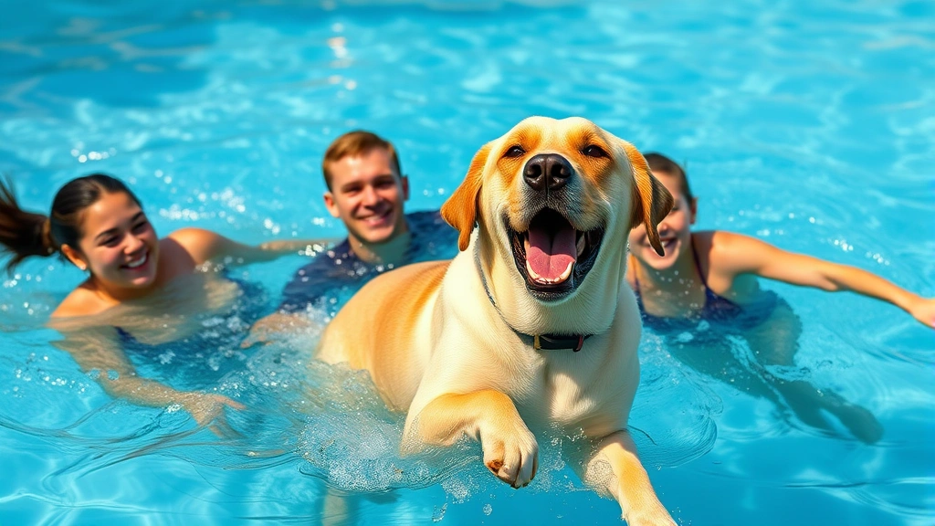 excellent family dogs -
Photorealistic image of a Labrador Retriever swimming in a pool with family mem