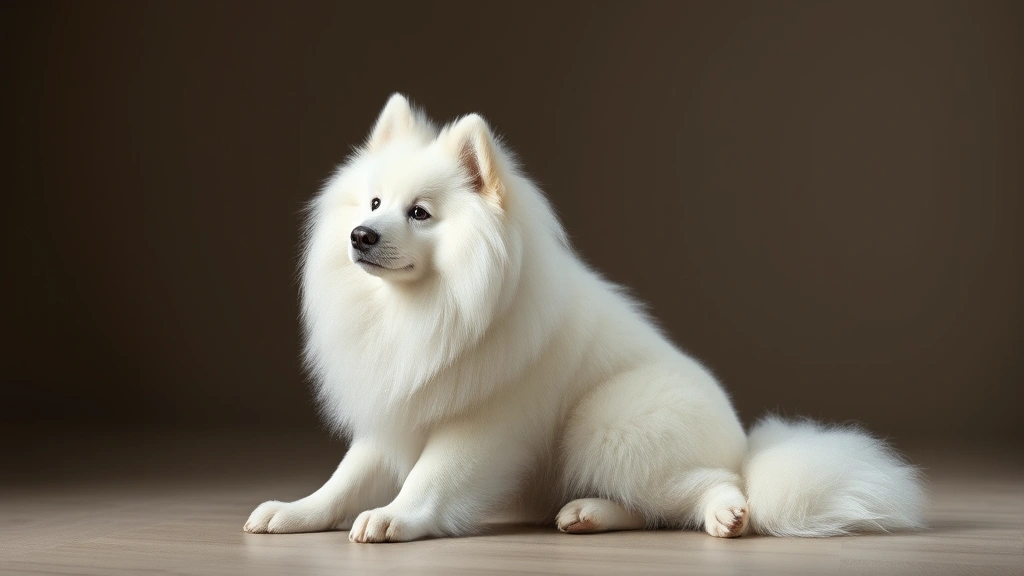 expensive dog breeds -
Photorealistic image of a fluffy white Samoyed sitting in an elegant pose with 