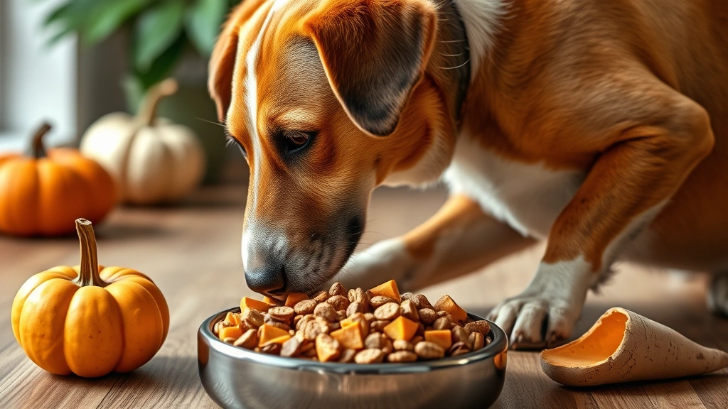 express analysis glands dog -
Photorealistic image of a healthy dog eating high-fiber food including pumpkin,