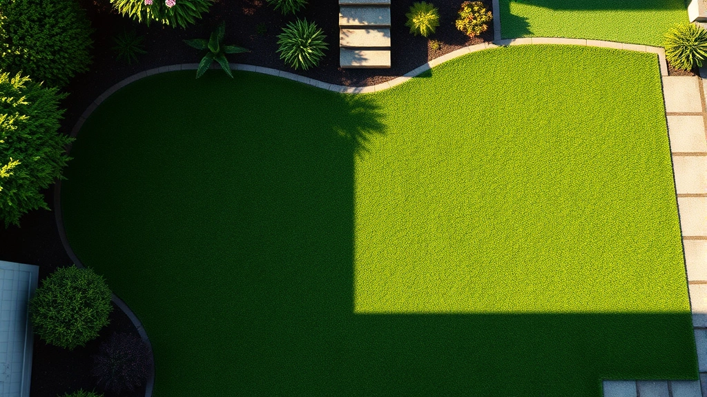 fake grass for dogs -
Photorealistic overhead view of a residential backyard with artificial grass in