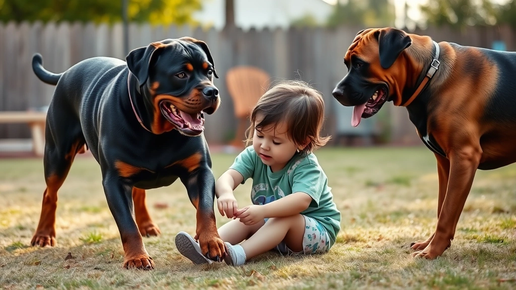 family dog watchdog -
Photorealistic Rottweiler and Boxer playing gently with children in a backyard 