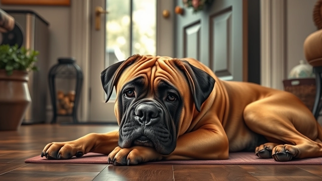 family dog watchdog -
Photorealistic Bullmastiff lying calmly indoors near a front door, watching wit