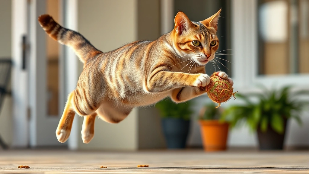 fasting benefits for pets -
Photorealistic image of a fit, active cat mid-jump or playing with a toy, displ
