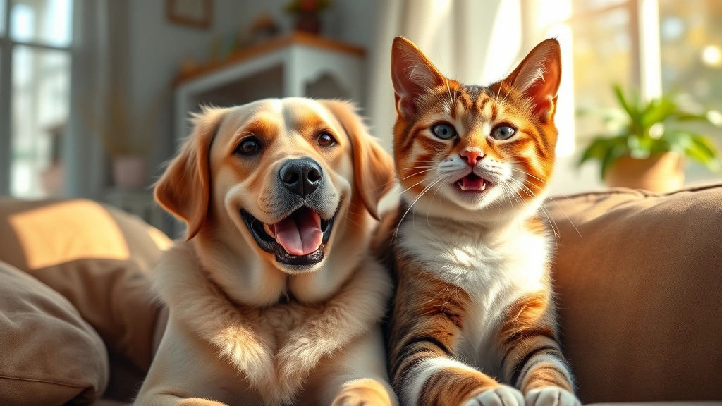 fasting benefits for pets -
Photorealistic image of a senior dog and cat together in a peaceful home settin