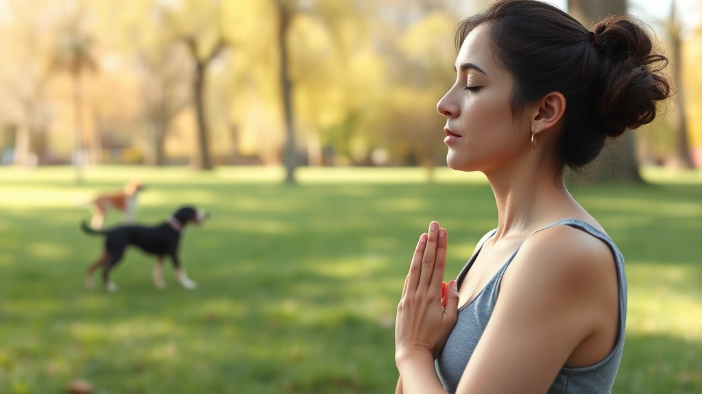 fear of dogs -
A woman practicing deep breathing exercises outdoors in a park with dogs playin