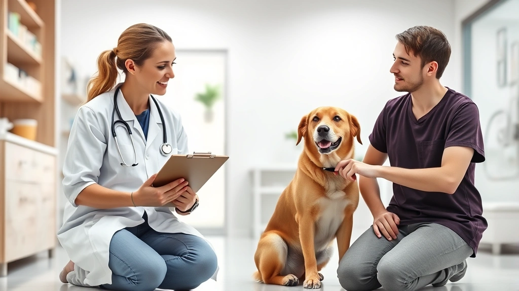 feed the dog movie -
A veterinarian holding a clipboard discussing nutrition with a pet owner while 