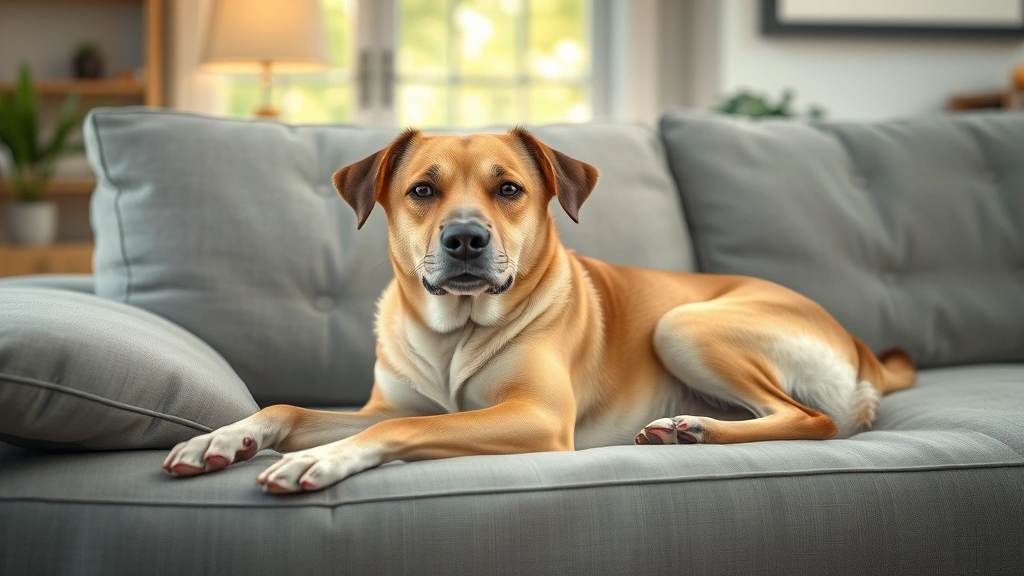feeding active vs inactive dogs -
Photorealistic image of a relaxed inactive dog lying comfortably on a couch ind