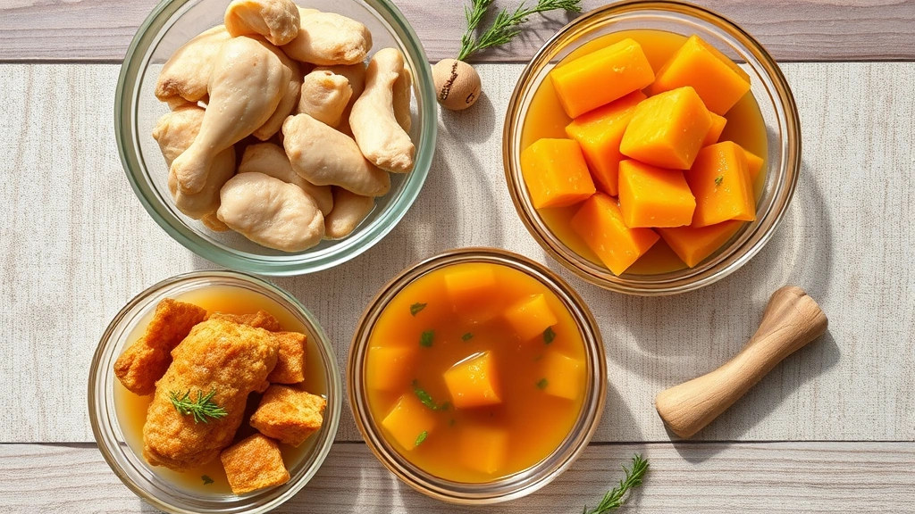 feeding after dental procedures -
Photorealistic overhead shot of various soft pet foods including cooked chicken