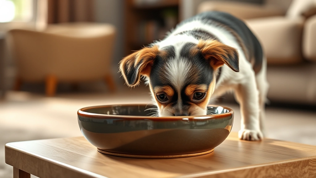 feeding after dental procedures -
Photorealistic image of a small dog drinking water from an elevated ceramic bow