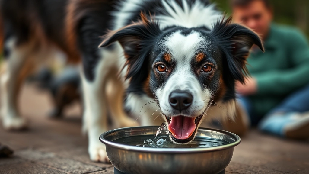 feeding after exercise -
A border collie drinking fresh water from a bowl with a blurred owner in backgr