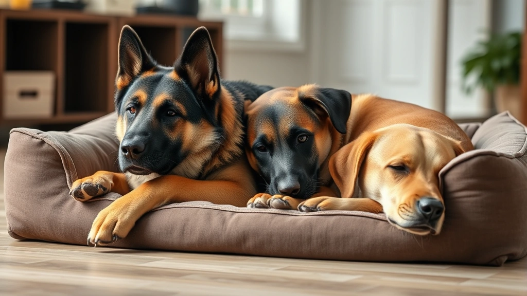 feeding after exercise -
A German Shepherd and Labrador relaxing together on a dog bed indoors after exe