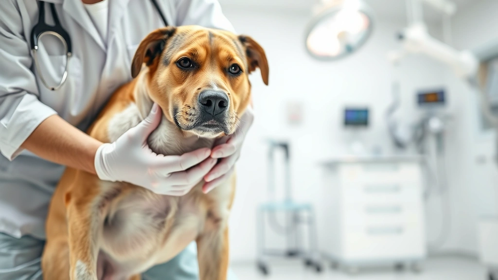 feeding before walks -
A veterinarian examining a large breed dog’s stomach area in a bright cli