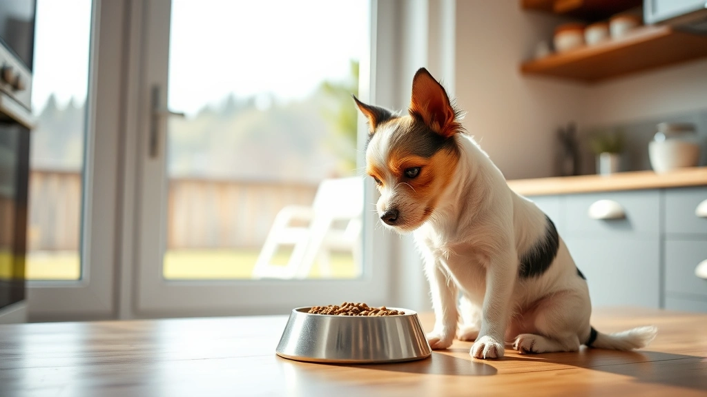 feeding before walks -
A small terrier eating from a food bowl in a modern kitchen, with a window show