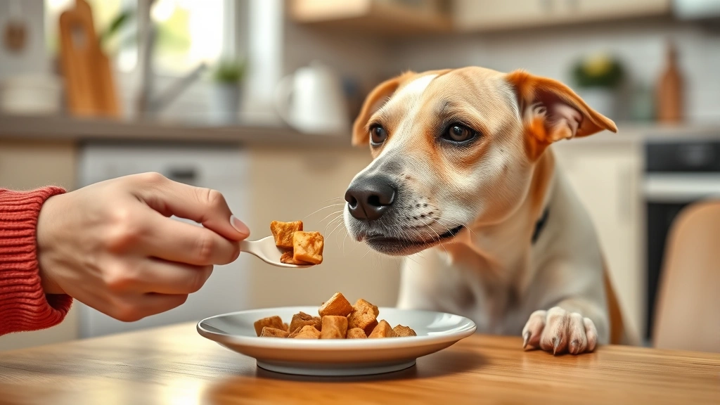 feeding during illness -
Photorealistic image of a weak dog being gently offered small portions of food 