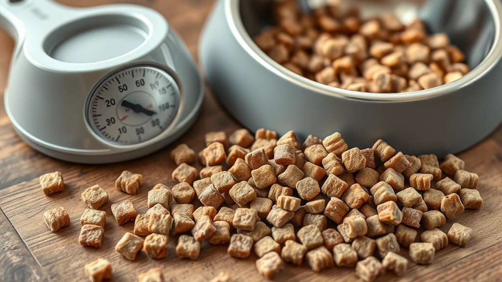 feeding during training sessions -
Close-up of small freeze-dried meat training treats and kibble arranged on a wo