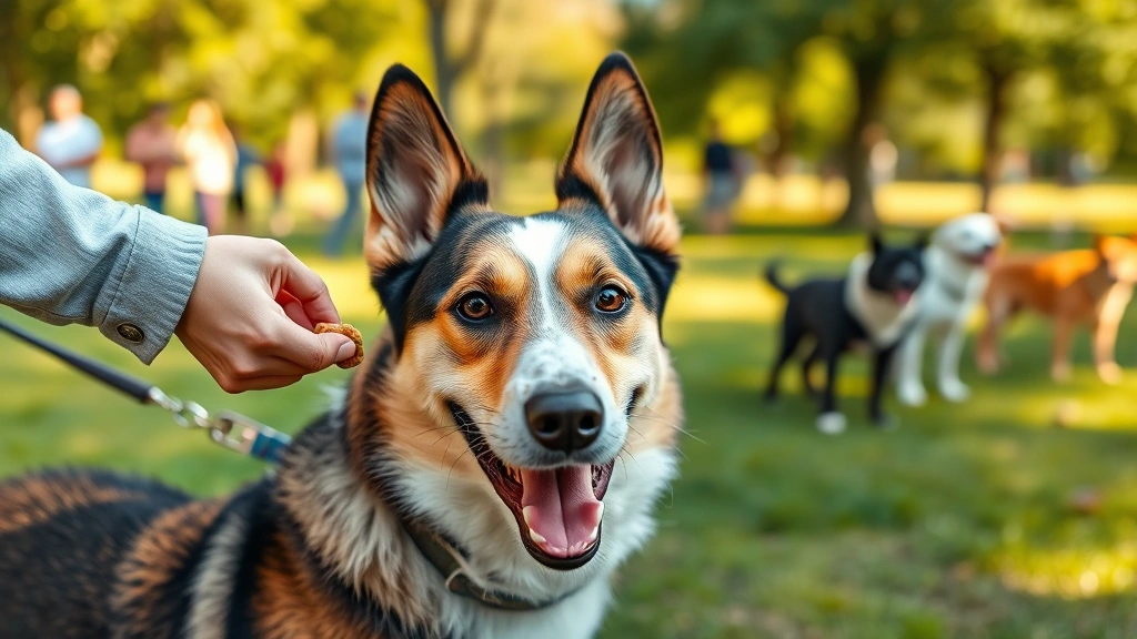 feeding during training sessions -
A mixed breed dog with happy expression during a training session in a park, tr