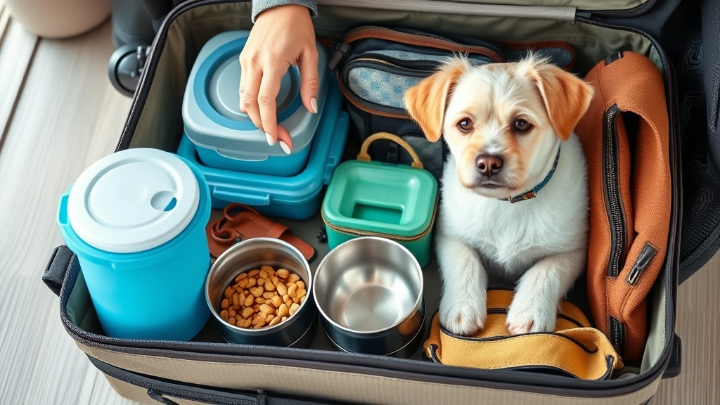 feeding during travel -
Photorealistic image of a pet owner packing various pet food containers, water