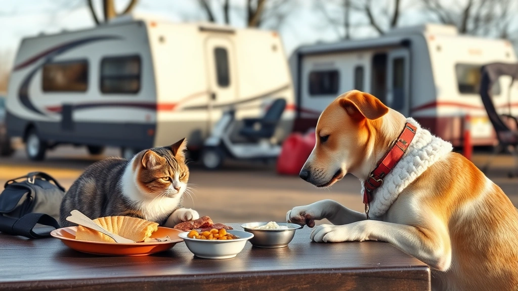 feeding during travel -
Photorealistic image of a cat and dog sharing a meal at a rest stop picnic area