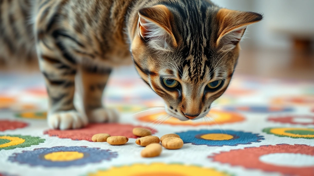 feeding enrichment toys -
Photorealistic style: Tabby cat using nose to search through a colorful snuffle