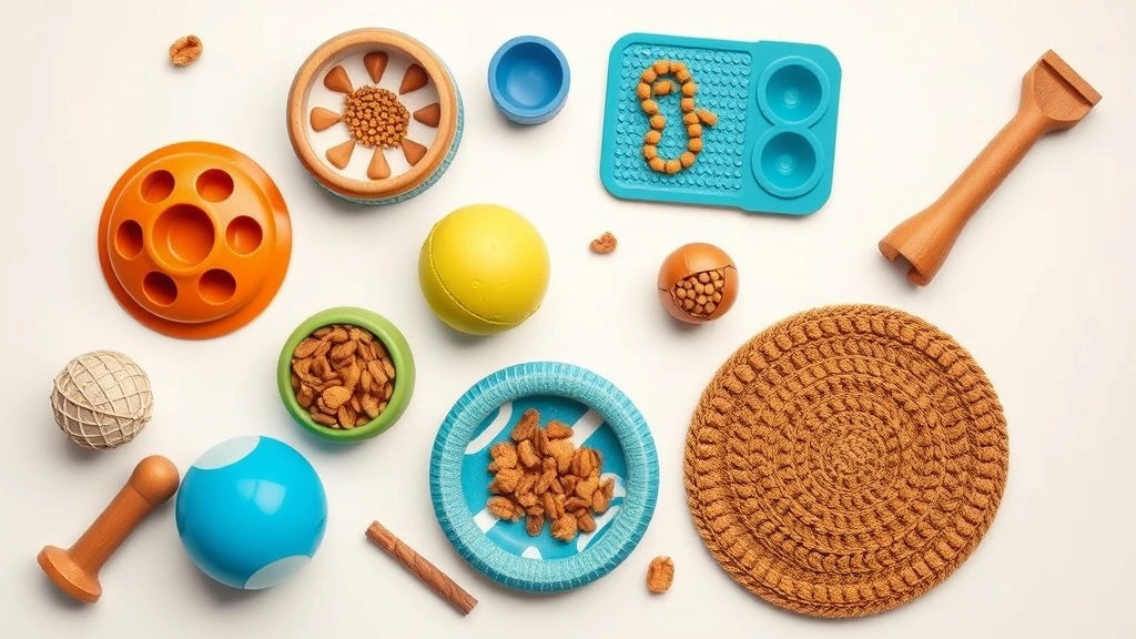 feeding enrichment toys -
Photorealistic style: Various pet enrichment toys arranged on a light backgroun