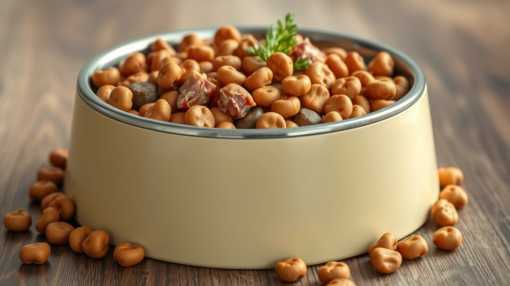 feeding for coat health -
photorealistic style dog food bowl filled with premium kibble containing visibl