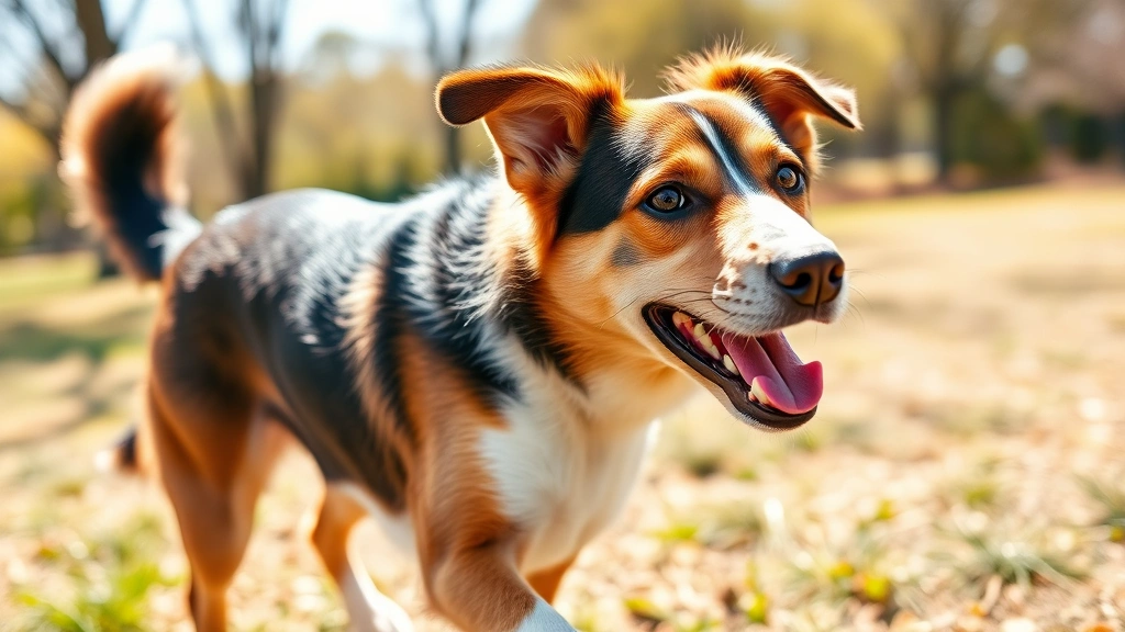 feeding for immune support -
Photorealistic style: A healthy-looking mixed breed dog with a shiny coat playi