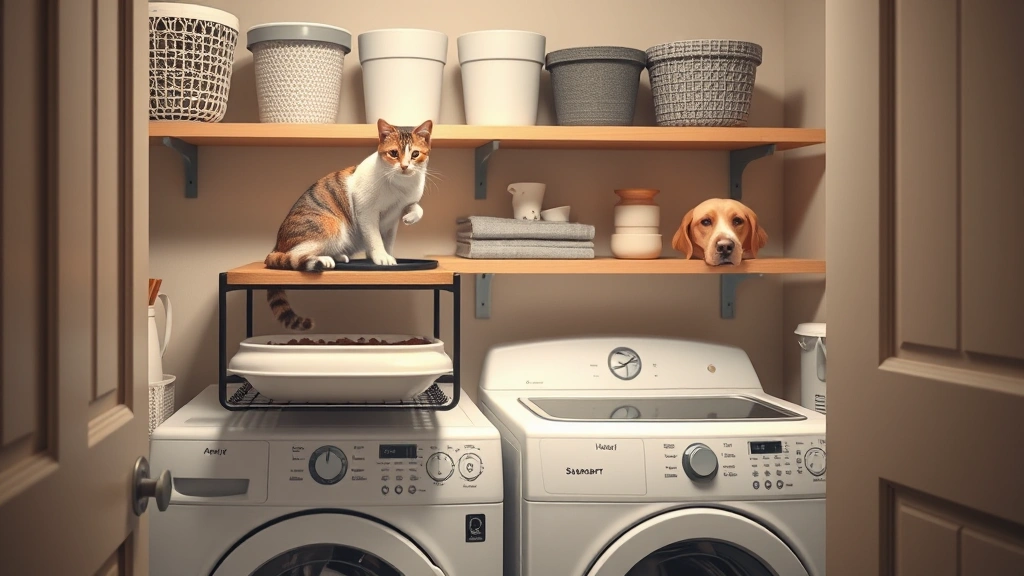 feeding in multiple locations -
Photorealistic image of a laundry room setup showing an elevated cat feeder on 