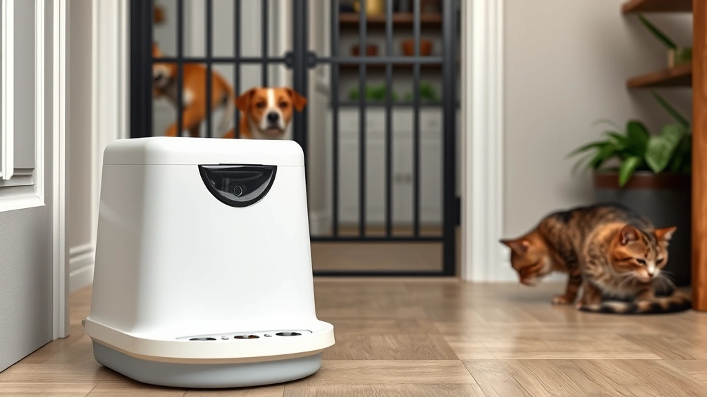 feeding in multiple locations -
Photorealistic image of a multi-pet household with a microchip feeder in the fo