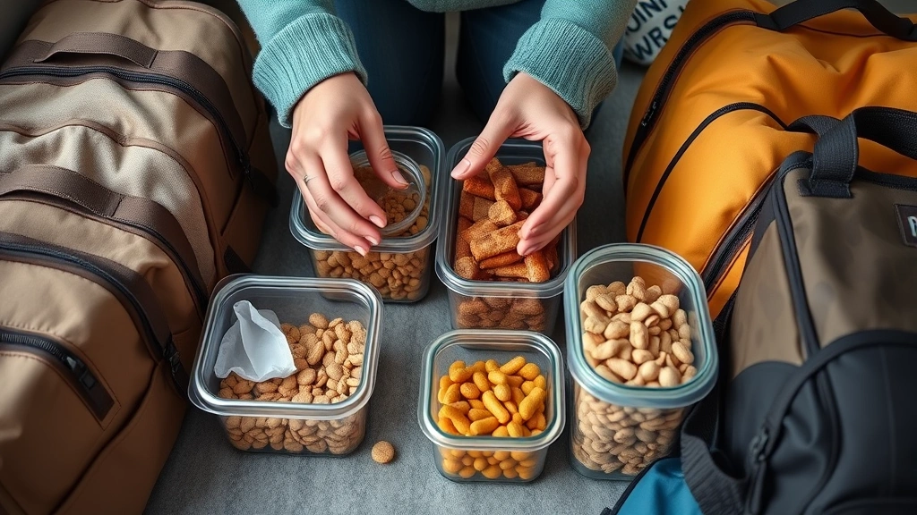 feeding in unfamiliar environments -
Photorealistic image of a pet owner’s hands preparing packed pet food in